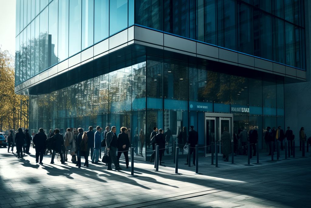 Menschen stehen in einer Schlange vor einer Bank